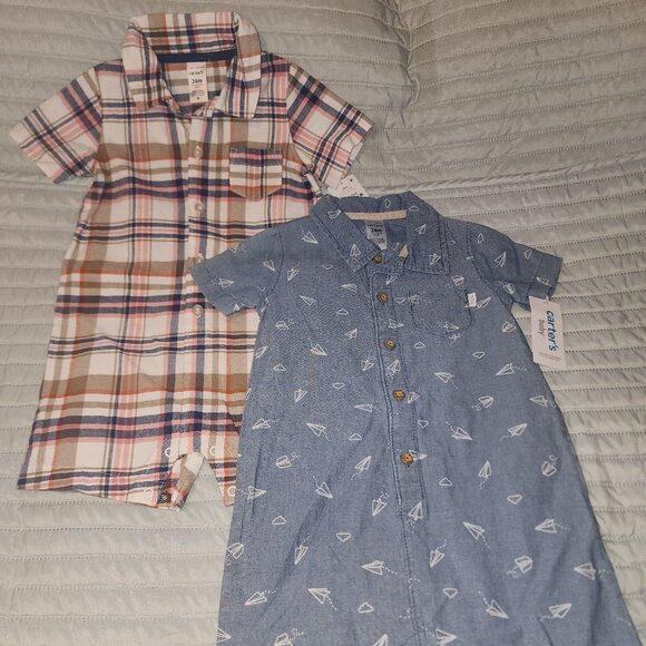 NWT~CARTER'S~TWO Boys Collared Short Sleeve Short Rompers~24m - Picture 1 of 5